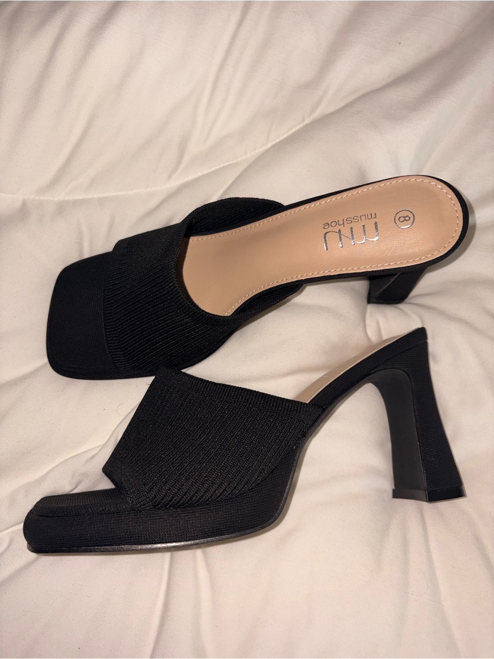 MUSSHOE Black Knit Square-Toe Mule Heels